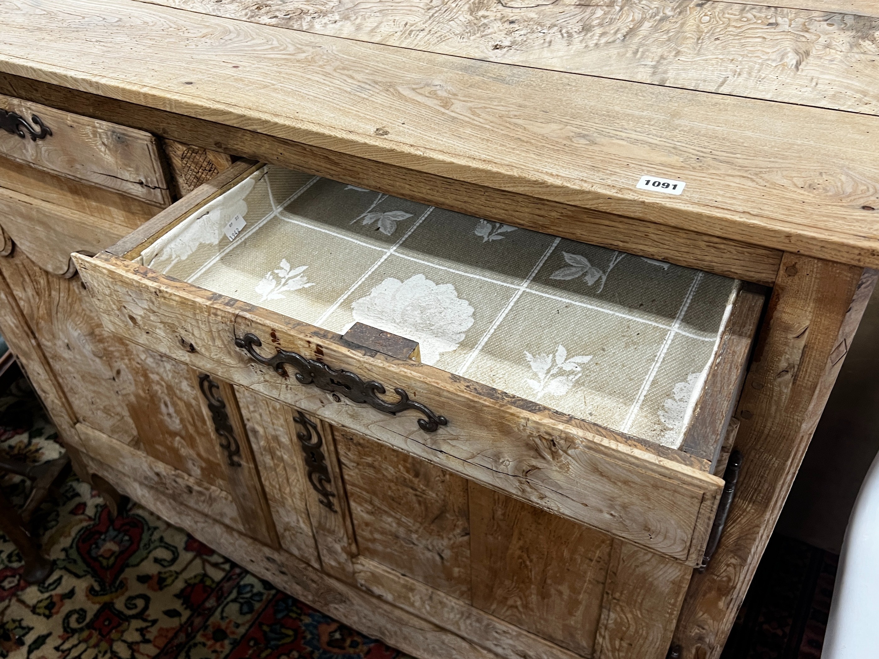A 19th century French bleached elm buffet, length 129cm, depth 58cm, height 105cm